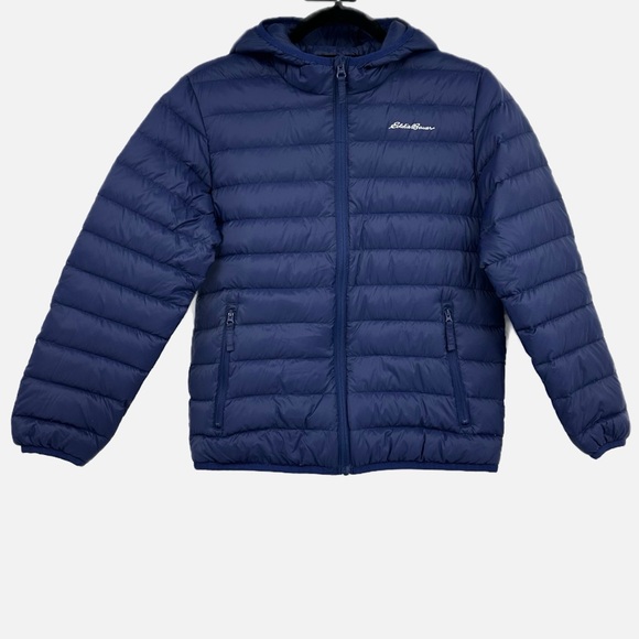 Eddie Bauer Kids Hooded Down Puffer Jacket Navy Blue Size M - Picture 1 of 15